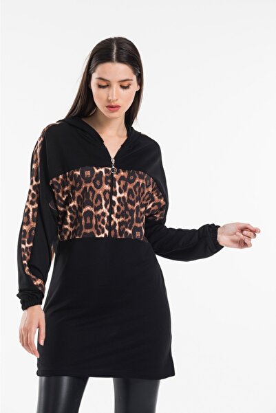 MİTİKO Kadın Siyah Tunik Fermuarlı Leopar Desenli Iki Iplik