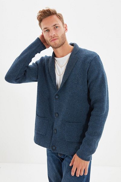 Trendyol Collection Indigofarbene Strickjacke aus Wolle mit normaler Passform und Kragen TMNAW22HI0140