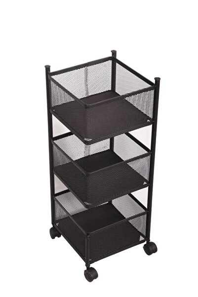 TRENDESK 3 Katlı Siyah Kare Sabit Tekerlekli Patates Soğan Sepeti Sebze Meyve...