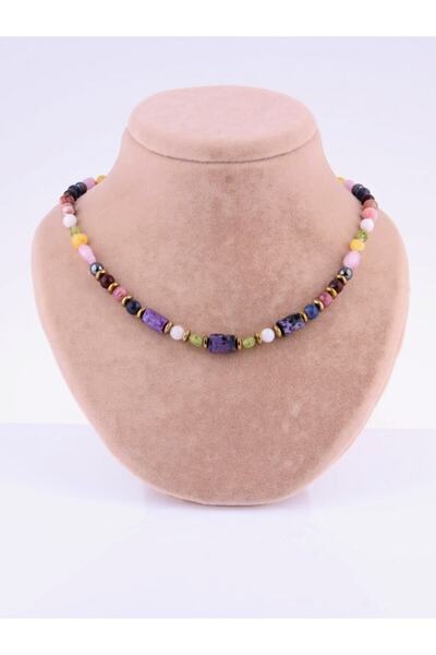 Alp Doğal Taş Çeroit-kehribar-zebercet-turmalin-rodokrosit-jasper-ay Taşı-sodalit-kunzit Kolye