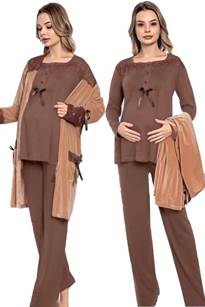 quilling Kadın Kadife Sabahlıklı Kahverengi Jnk-51220 3 Lü Lohusa Hamile Pijama Takımı