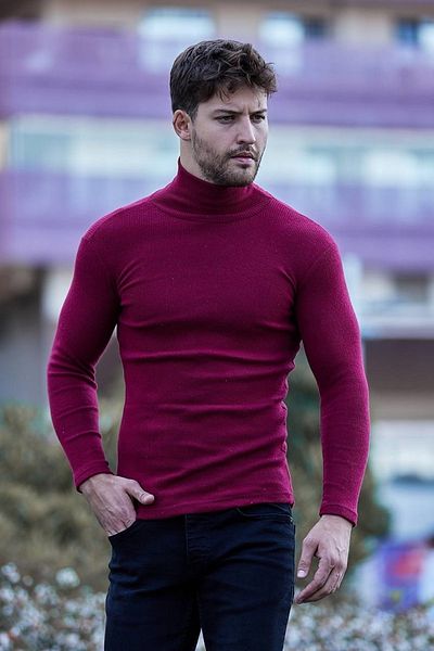 JAKARLI Unisex Claret Red Plum Thick Ribbed Camisole Ribbed Slim Fit Turtleneck Turtleneck Sweater
