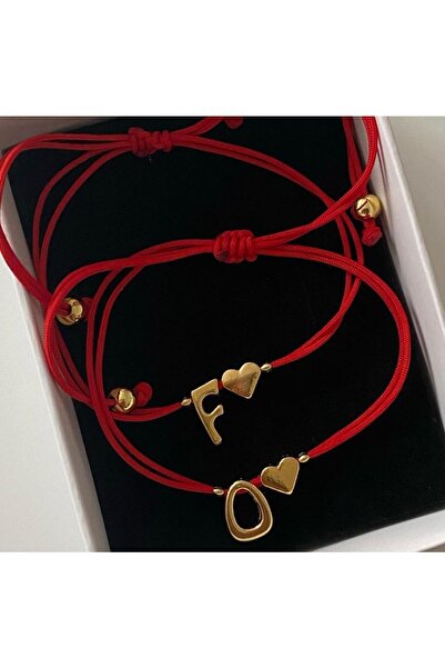 Cherry Design Kırmızı Ip Altın Kaplama Harf Ikili Bileklik Seti