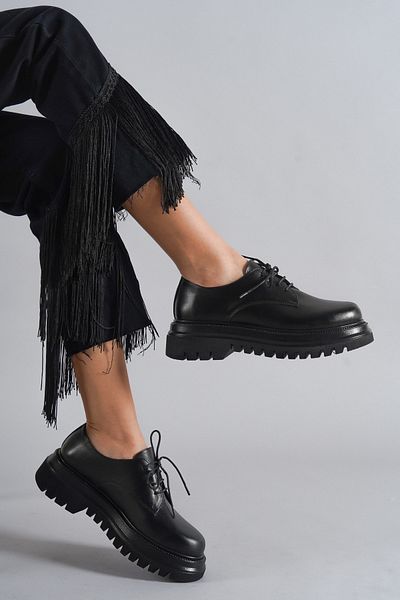 Deripabuc Genuine Leather Black Women's Daily Thick Sole Leather Loafer Shoes Trc-216674