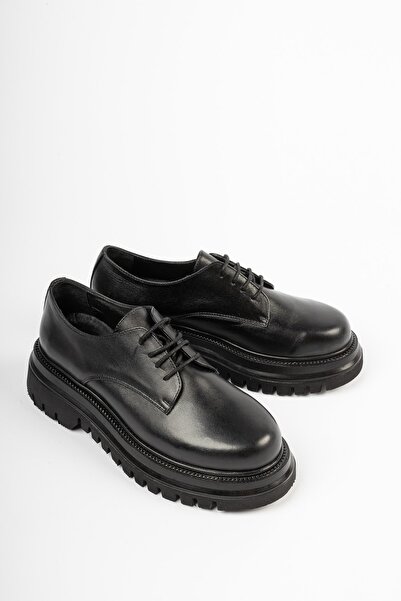 Deripabuc Справжня шкіра Чорні жіночі повсякденні туфлі-лофери на товстій підошві TRC-216674