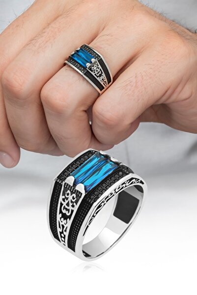 ALYANSEVİM 2 Sıra Mavi Taşlı 925 Gümüş Erkek Yüzük