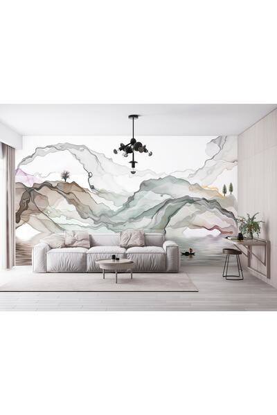 LOTUS AURA Sulu Boya Efektli Dağ Ve Deniz Manzaralı Salon Duvar Kağıdı