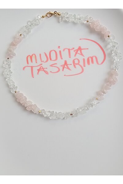 Mudita Tasarım Pembe Kuvars, Kristal Kuvars Küp Metal Detaylı Kolye