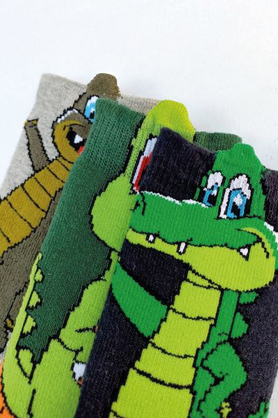 MEM SOCKS Комплект от 3 детски чорапи с 3D динозавърски мотиви, неплъзгащи се