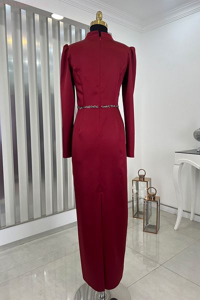 Rana Zenn Satin Sare Evening Dress - Burgundy