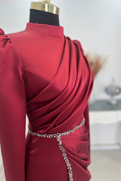 Rana Zenn Satin Sare Evening Dress - Burgundy