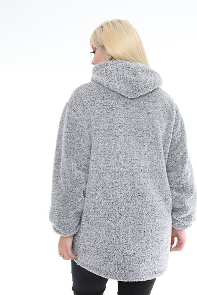 BİrHoşButik Plus Size Lycra Soft Pocket Hooded Ribbed Zippered Winter Trend Gray Plush Fleece Cardigan