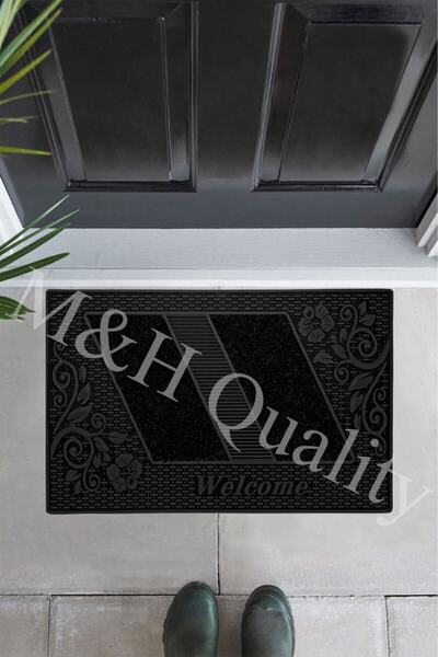 M&H Quality Çiçekli Modeli Welcome Yazlı Kapı Önü Paspası Siyah Rengi