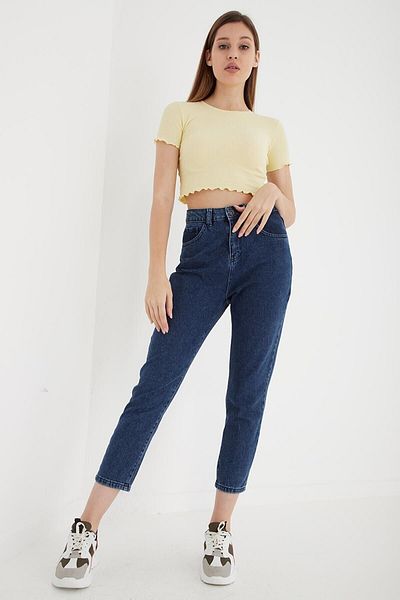 DRC trend Pantaloni din lycra albastru închis Riana Mom Fit cu fermoar