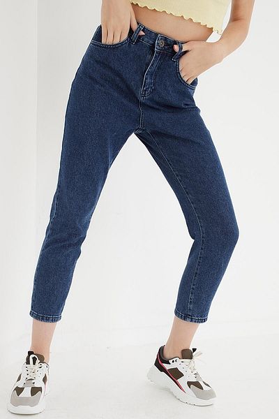 DRC trend Pantaloni din lycra albastru închis Riana Mom Fit cu fermoar