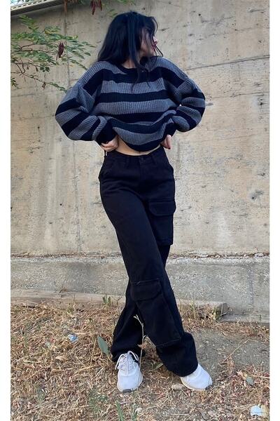 Touz Gri Siyah Çizgili Streetwear Oversize Triko Kazak
