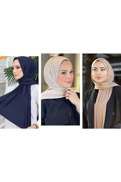 HAR-UM Ticaret موديل شال حجاب قطني ممشط للسيدات - طقم من 3 قطع جملي>أزرق داكن>بيج