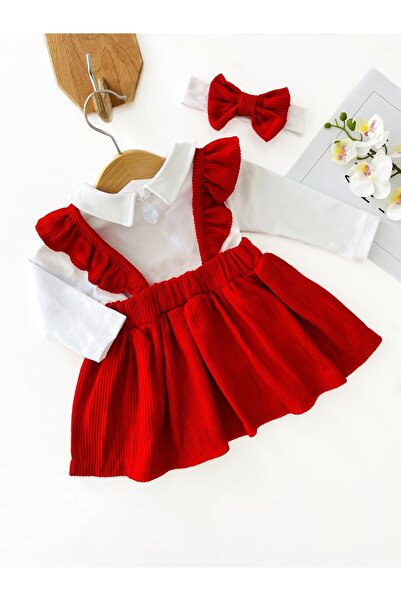 COLORED BABY Kız Bebek Çilek Detaylı Fitilli Elbise 3 Parça - Minty