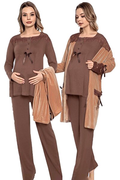 quilling Kadın Kadife Sabahlıklı Kahverengi Jnk-51220 3 Lü Lohusa Hamile Pijama Takımı