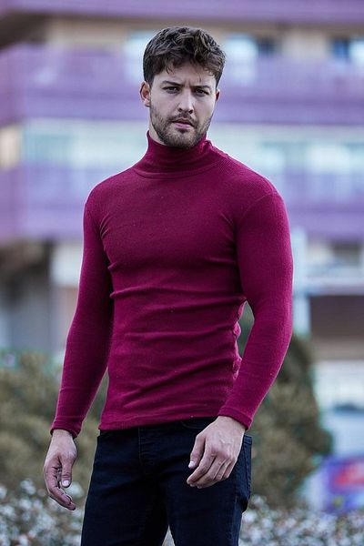 JAKARLI Unisex Claret Red Plum Thick Ribbed Camisole Ribbed Slim Fit Turtleneck Turtleneck Sweater