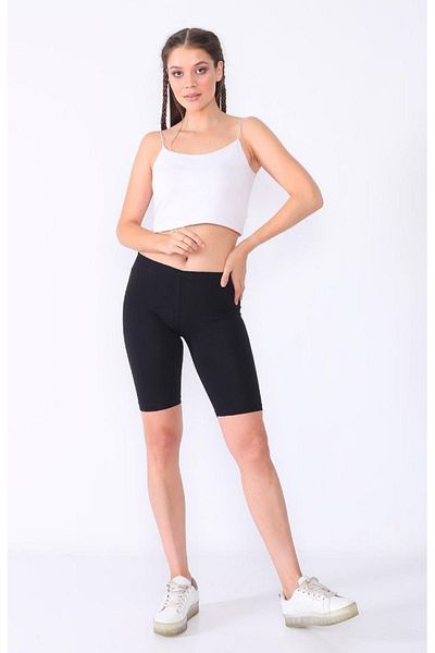 VicTroy قطعتين شورت نسائي ضيق من القطن ليكرا باللونين الأبيض والأسود فوق الركبة