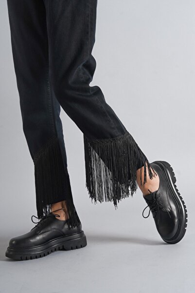 Deripabuc Справжня шкіра Чорні жіночі повсякденні туфлі-лофери на товстій підошві TRC-216674