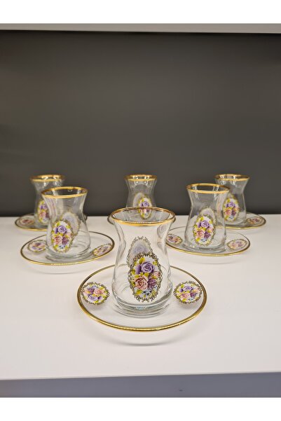 AbkaKristal 6 Kişilik Çay Takımı Gül 3 mm Altın