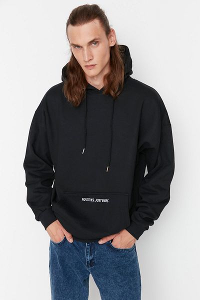Trendyol Collection Oversize černá mikina s potiskem s kapucí - TMNAW23SW00015