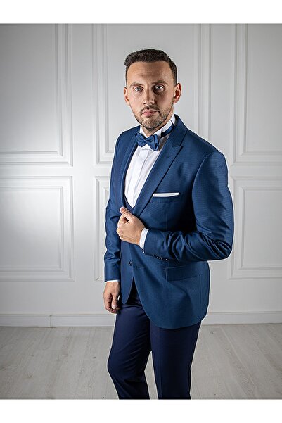 Sarar Interview Special Slim Fit Açık Lacivert Yelekli Smokin