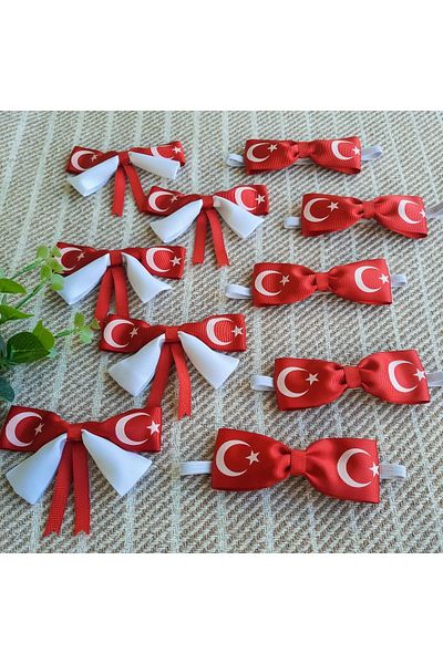 Atolye Doruk 10 Pcs - Flag Buckle and Bow Tie Set - April 23 Eid 29 October Gift School Show Costume Accessory