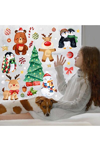 Sticker Ekspres Cute Animals New Year Themed Christmas Glass Wall Door Sticke...