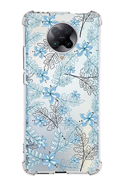 PrintiFy Xiaomi Poco F2 Pro Köşe Korumalı Antişok Kapak Floral Mavi Tasarımlı Şeffaf Silikon Kılıf