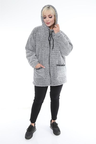 BİrHoşButik Plus Size Lycra Soft Pocket Hooded Ribbed Zippered Winter Trend Gray Plush Fleece Cardigan