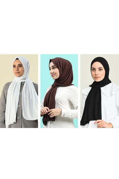 HAR-UM Ticaret نموذج شال نسائي من القطن الممشط - 3 قطع أسود > بني فاتح > أبيض