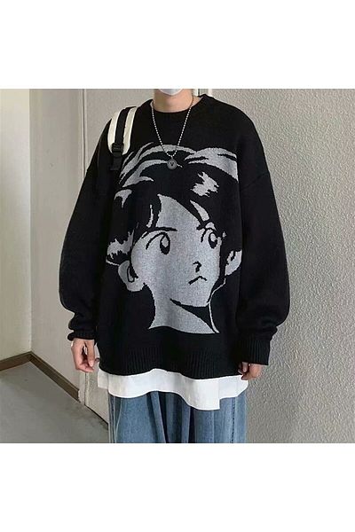 Touz Anime Girl &amp; Boy Harajuku Vintage Streetwear Pulover Unisex Negru Tricotaj