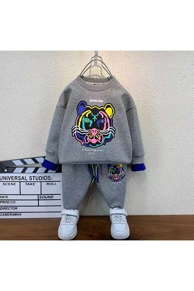 KİDS FACE Special Design Tiger Printed 100% Cotton Full Winter Oversize Boy's Tracksuit Set