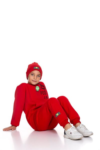 Toçka Men's 3-Piece Beret Suit Winter Thick Fleece And Plush Smiling Face Printed Kangaroo Pocket