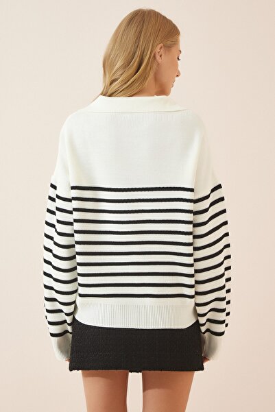 Happiness İstanbul Woman's Black Bone Polo Collar Striped Seasonal Knitwear Sweater YY00082