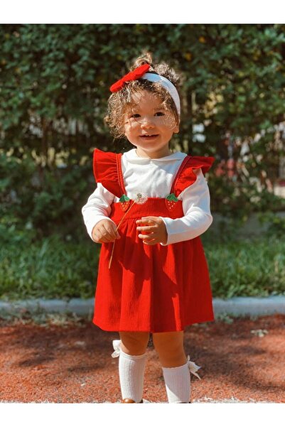 COLORED BABY Kız Bebek Çilek Detaylı Fitilli Elbise 3 Parça - Minty