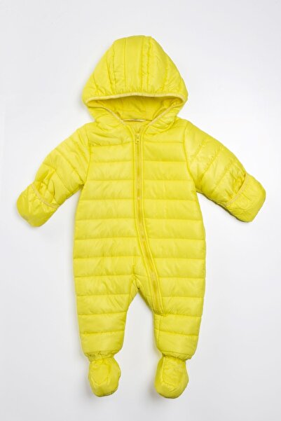 PODIUM GYM Yeni Trend Sarı Kışlık Panduf Ayaklı Kapüşonlu Kozmonot Tulum