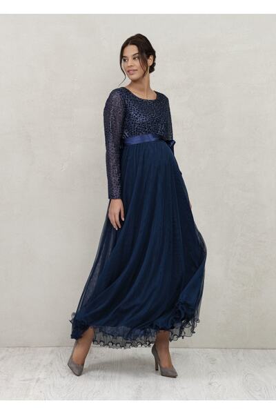 Genel Markalar Lacivert Simli Tül Uzun Abiye Hamile Elbise