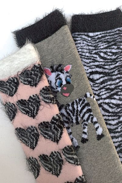 MEM SOCKS Комплект от 3 детски чорапи с ресни и зебров шарка, неплъзгащи се