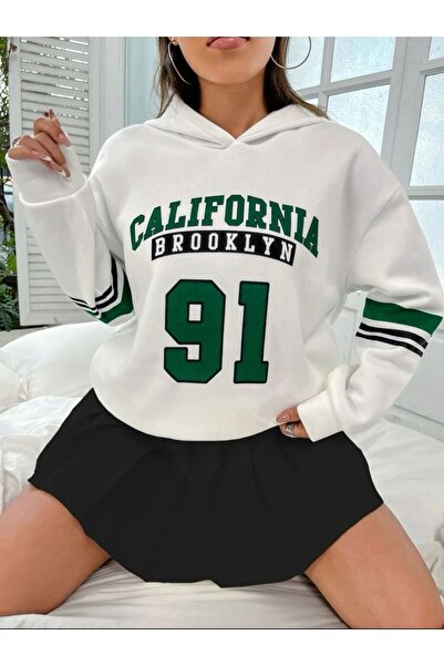 MOONBULL Καλιφόρνια 91 Λευκό μανίκι εμπριμέ με κουκούλα oversize φούτερ