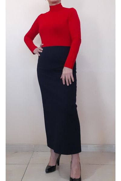 Mertcan Butik Black Steel Knitted Pencil Skirt with Elastic Waist