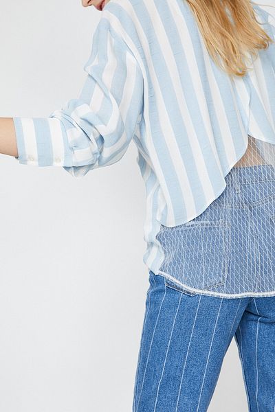 Koton Women's Blue Long Sleeve Mesh Detailed Shirt 9yak68454pw