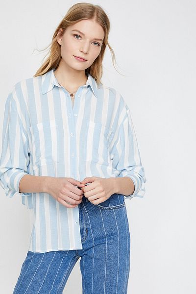 Koton Women's Blue Long Sleeve Mesh Detailed Shirt 9yak68454pw