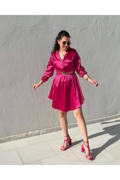 KAMER Gold Zincir Kemerli Saten Elbise