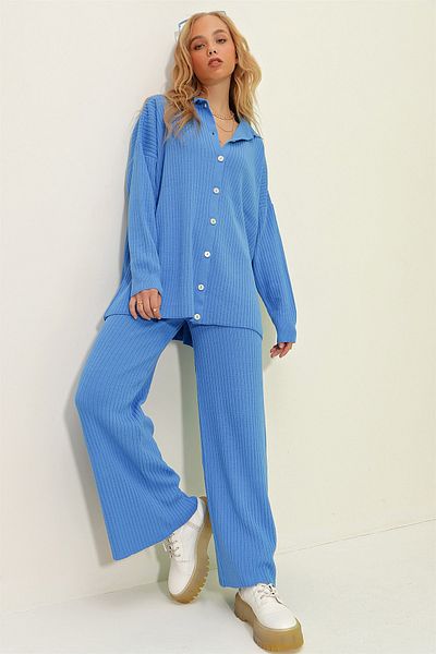 Trend Alaçatı Stili Blauer Strickanzug mit Knöpfen für Damen, strukturiert, ALC-X9364