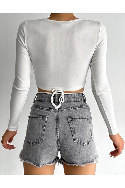 alenmoda Long Sleeve Corded Crop Blouse with Rope Tie
