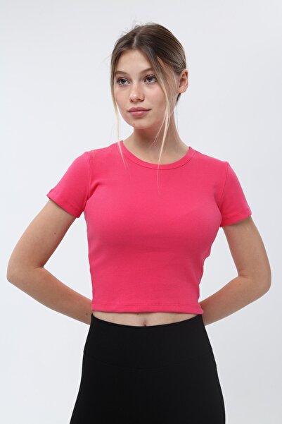 LAENT تيشيرت نسائي قصير بأكمام قصيرة ورقبة دائرية فوشيا